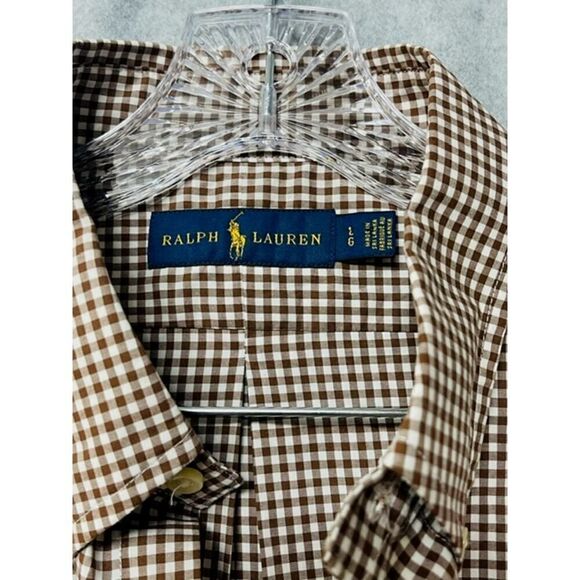 Ralph Lauren Mens Button Down Shirt Large Gingham Check Brown White Long Sleeve - Picture 3 of 6